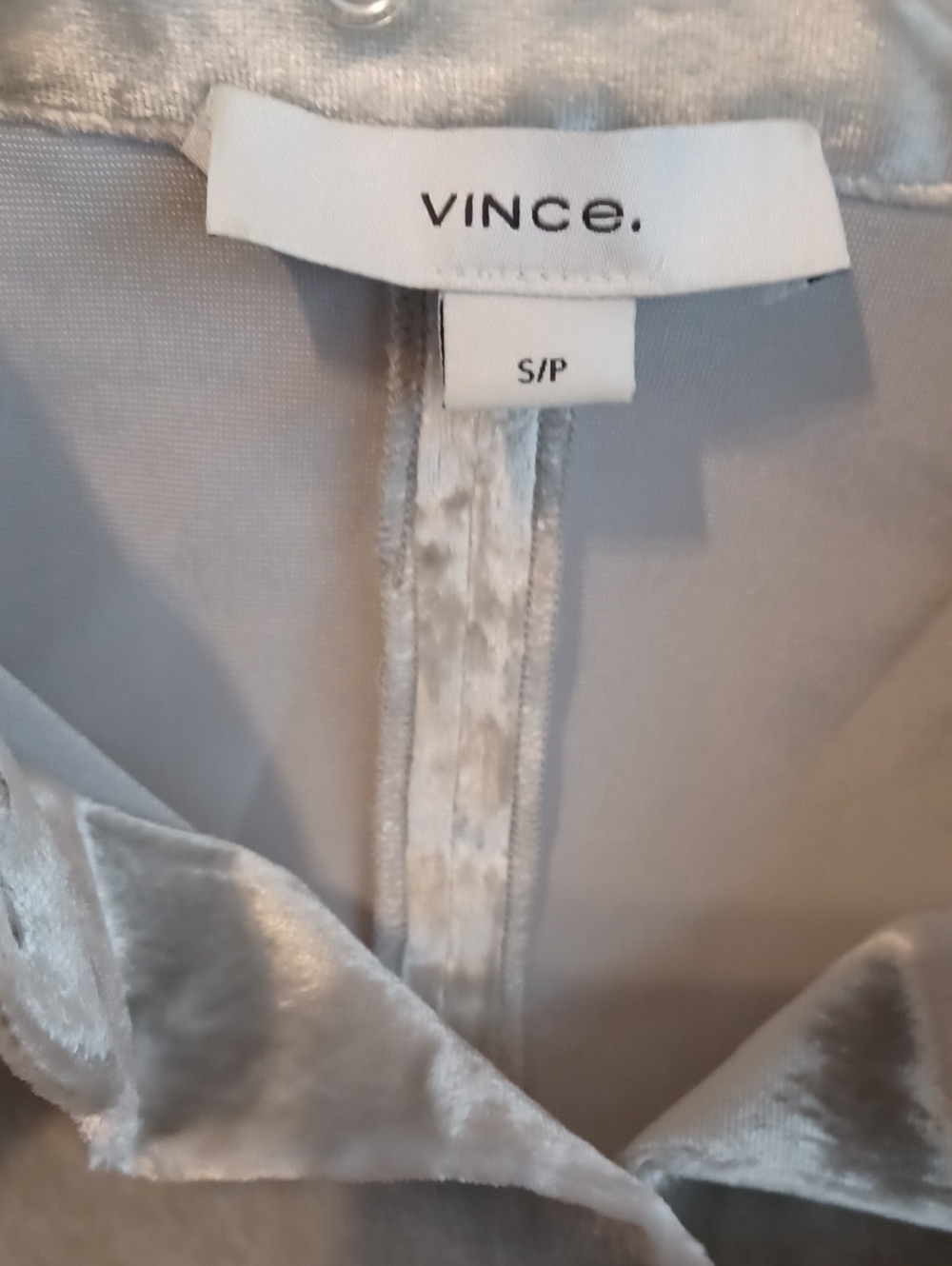 Vince Velvet Shimmery Silver Long Sleeve Blouse Sz.S. Pearl Buttons! Elegant!EUC - Picture 6 of 7